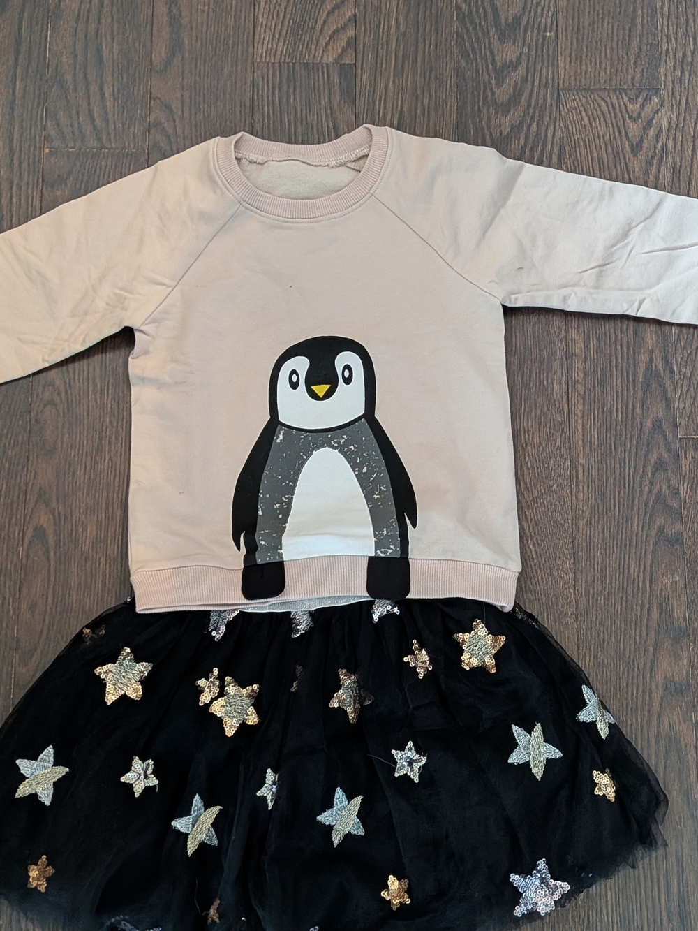 Kids Pink Penguin Sweatshirt & Black Star Tulle Skirt Matching Set